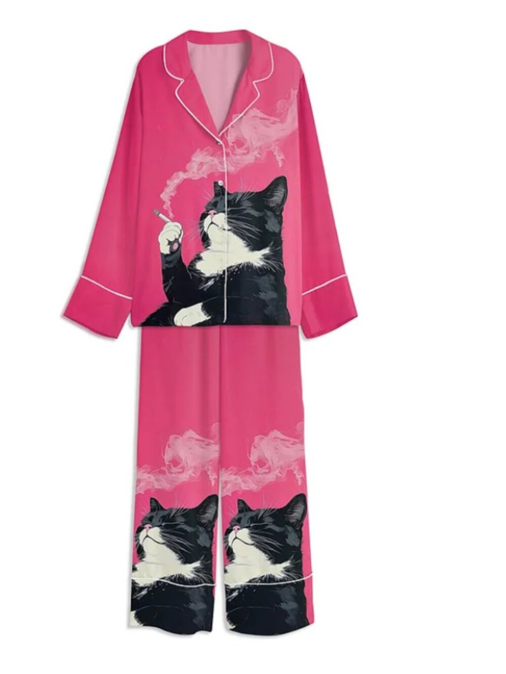 Relaxed Cat Smoking A Cigarette Unisex Long Sleeve Satin Pajama Set size S